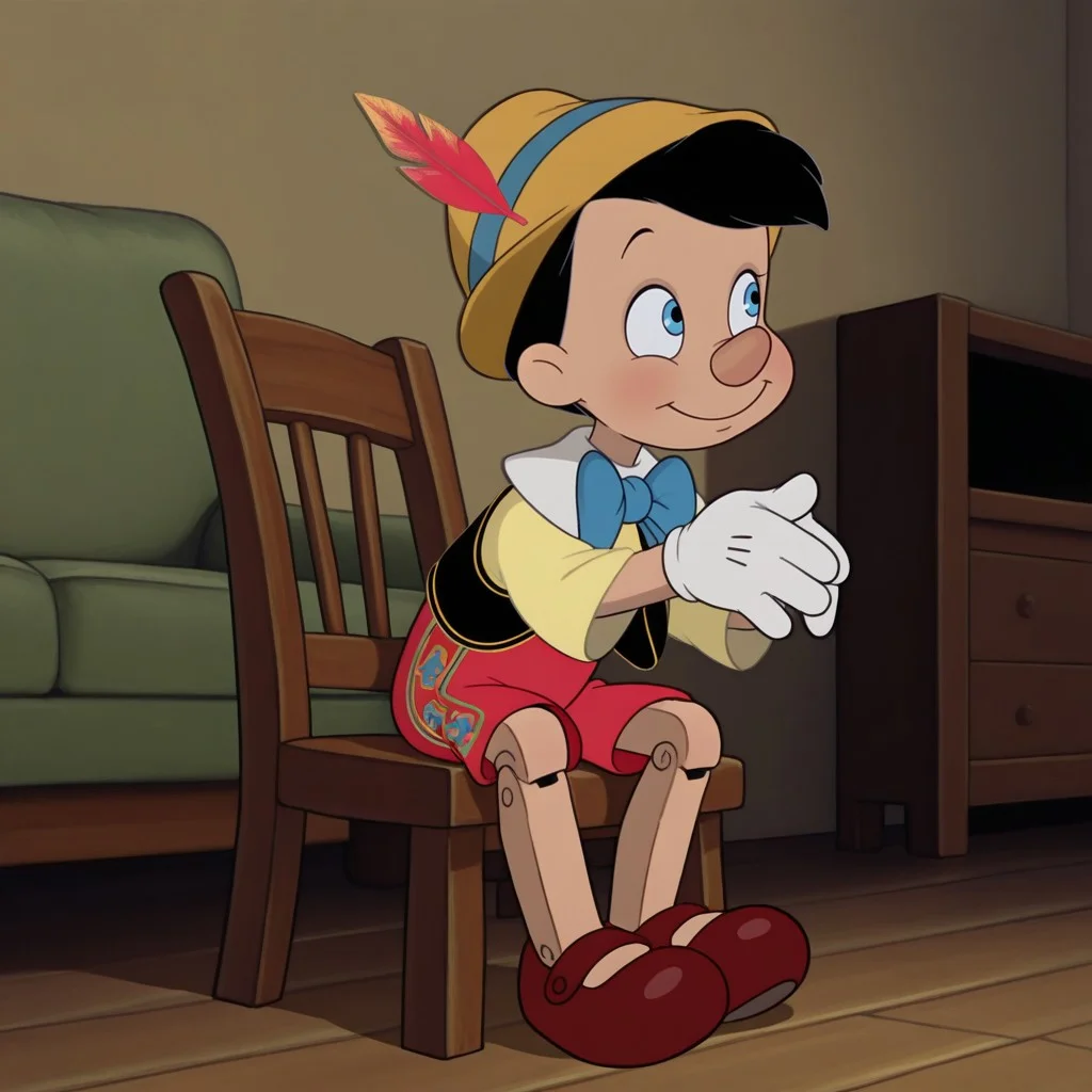 masterpiece, best quality, amazing quality, official artstyle, pin0cch10, male, humanoid, solo, young, black hair, short hair blue eyes, long nose, short, yellow feathered hat, blue bowtie, white collar, yellow shirt, black vest, white gloves, red suspenders, brown shoes, sitting on chair, happy, indoors, living room