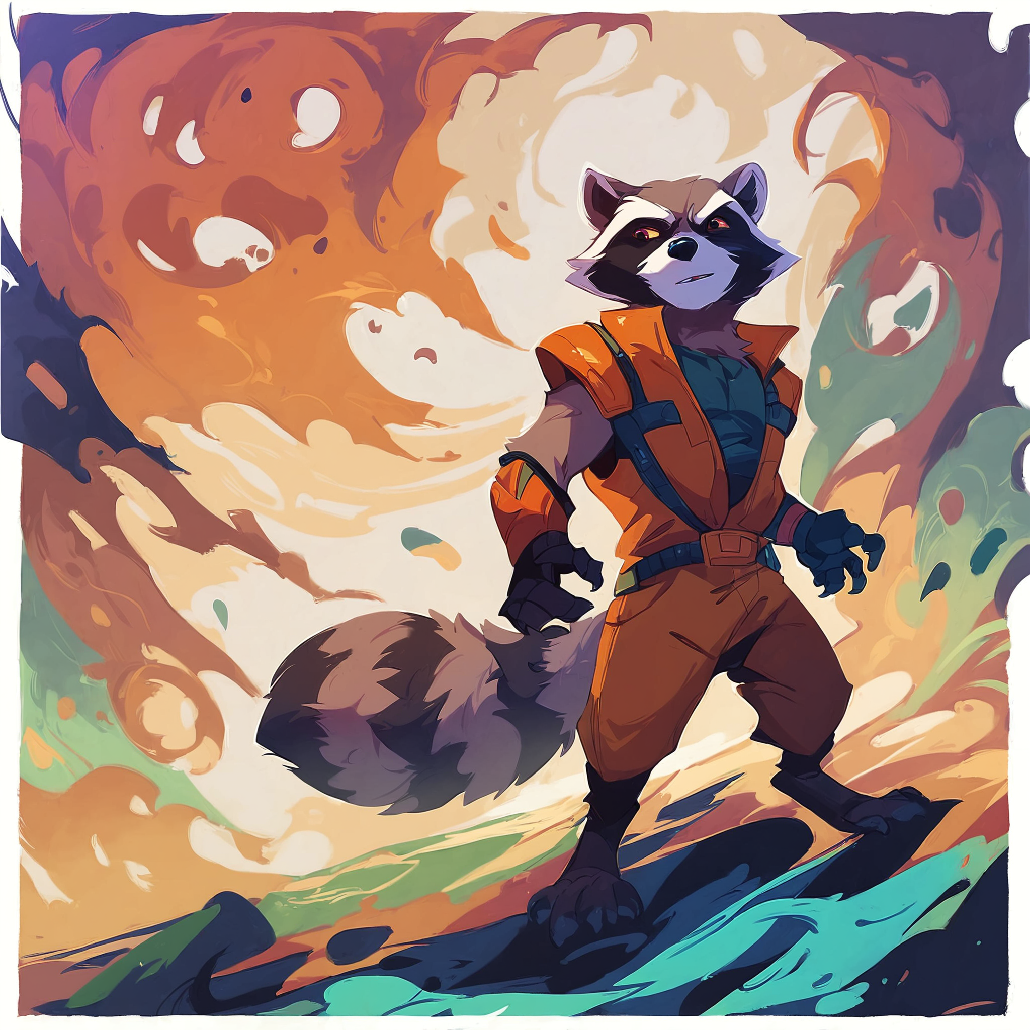 concept art, score_9, score_8_up, score_7_up, score_6_up, rocket raccoon from guardians of the galaxy, comic, standing, highres, shaded,  detailed background, lots of stuff