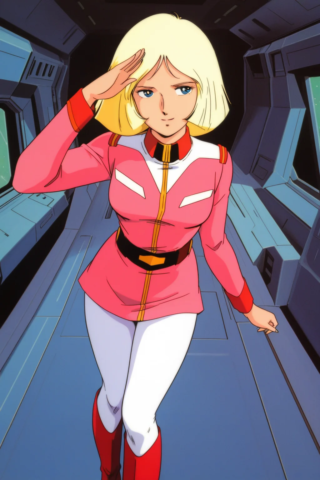masterpiece, best quality, amazing quality, absurdres, saylamass79, blonde hair, solo, smile, salute, looking at viewer, pink military uniform, large breasts, white pants, red boots, indoors, spacecraft, science fiction, retro artstyle
