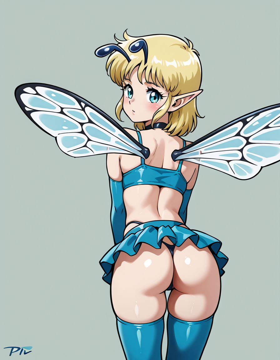 <lora:Pfil_Illustrious-000003:1>pfil, 1girl, pointy ears, thighhighs, blonde hair, fairy, wings, antennae, gloves, butt, thong, mini skirt, bubbly butt