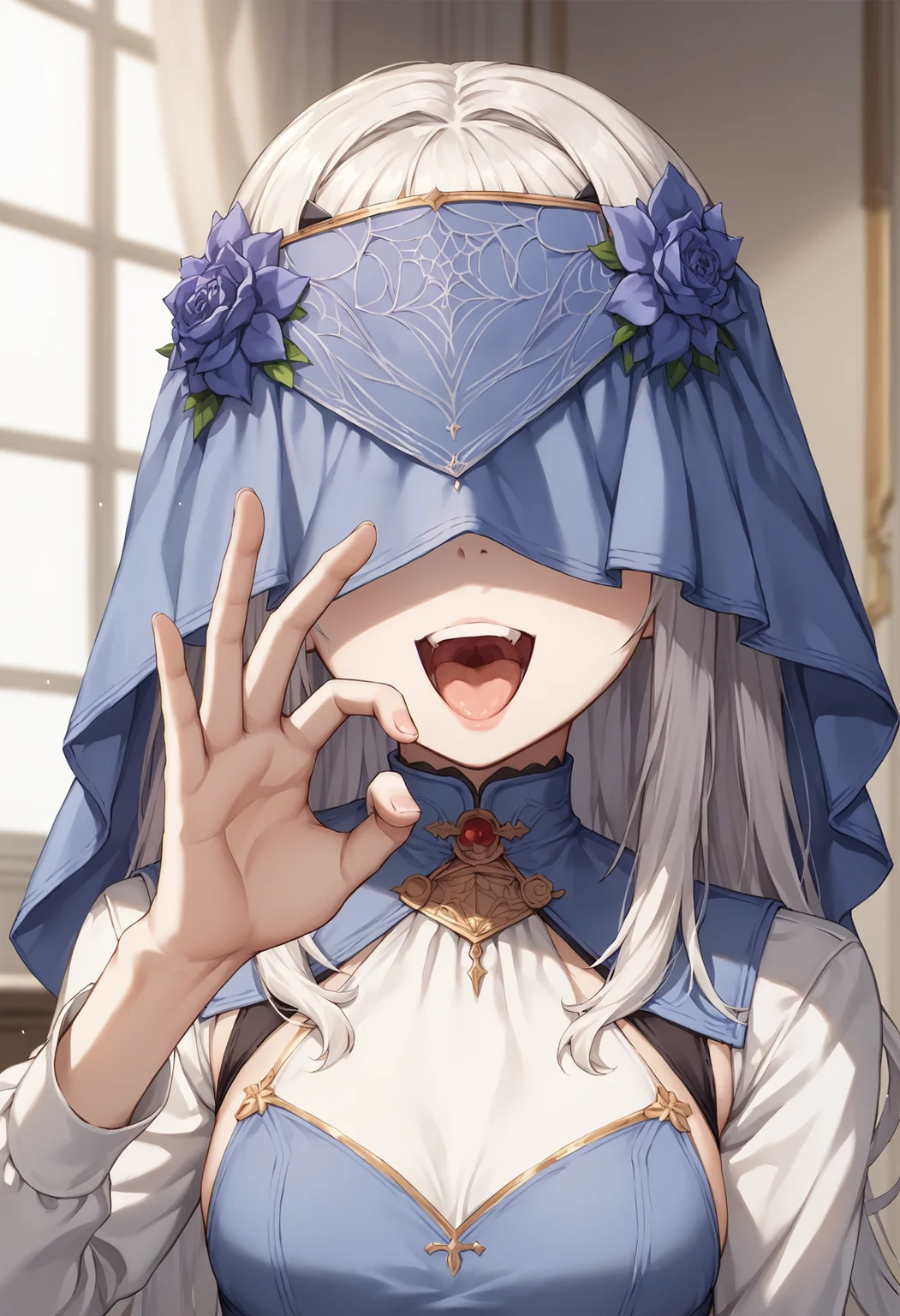 1girl, forked eyebrows, white hair, very long hair, yellow eyes, v-shaped eyebrows, blue dress, dress, flower, white shirt, flower, indoors, bedroom, close-up, fellatio gesture, smile, open mouth, veil over eyes  <lora:Melusine_Fate_Grand_Order_XL_v2:1>, score_9, score_8_up, score_7_up, score_6_up, score_5_up, score_4_up, BREAK source_anime, masterpiece