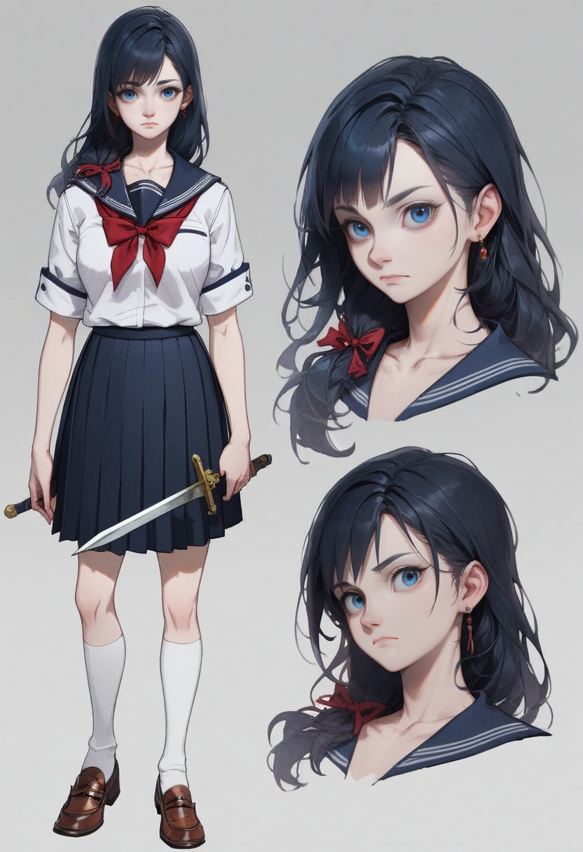 score_9, score_8_up, score_7_up,<lora:xl_more_art-full_v1:0.8>,<lora:add-detail-xl:1>
BREAK
 <lora:concept:1>conceptart, 1girl, long hair, school uniform, skirt, blue eyes, black hair, earrings, pleated skirt, socks, jewelry, multiple views, looking at viewer, shoes, holding, loafers, weapon, grey background, kneehighs, standing, simple background, long sleeves, closed mouth, brown footwear, full body, reference sheet, collarbone, short sleeves, bangs, black skirt, ribbon, bow