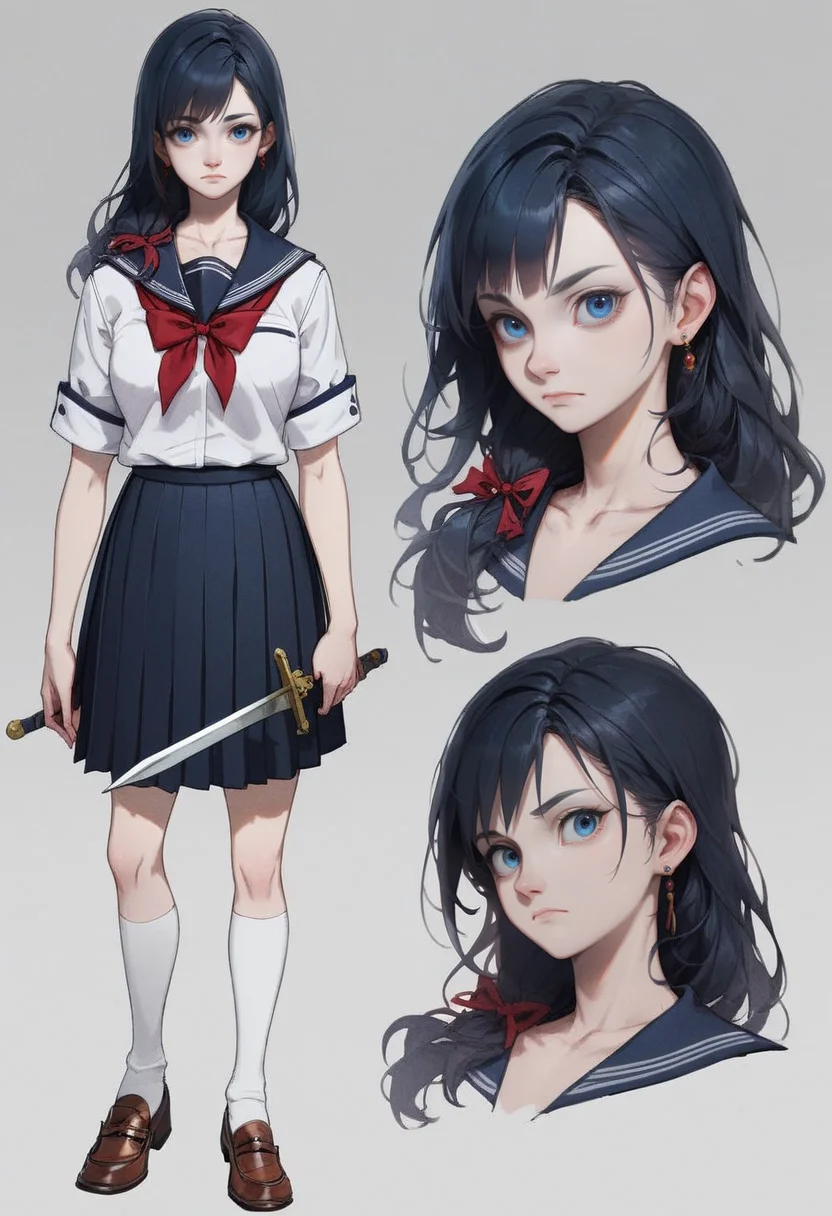 score_9, score_8_up, score_7_up,<lora:xl_more_art-full_v1:0.8>,<lora:add-detail-xl:1>
BREAK
<lora:concept:1>conceptart, 1girl, long hair, school uniform, skirt, blue eyes, black hair, earrings, pleated skirt, socks, jewelry, multiple views, looking at viewer, shoes, holding, loafers, weapon, grey background, kneehighs, standing, simple background, long sleeves, closed mouth, brown footwear, full body, reference sheet, collarbone, short sleeves, bangs, black skirt, ribbon, bow