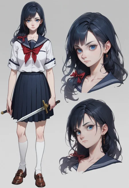 score_9, score_8_up, score_7_up,<lora:xl_more_art-full_v1:0.8>,<lora:add-detail-xl:1>
BREAK
<lora:concept:1>conceptart, 1girl, long hair, school uniform, skirt, blue eyes, black hair, earrings, pleated skirt, socks, jewelry, multiple views, looking at viewer, shoes, holding, loafers, weapon, grey background, kneehighs, standing, simple background, long sleeves, closed mouth, brown footwear, full body, reference sheet, collarbone, short sleeves, bangs, black skirt, ribbon, bow