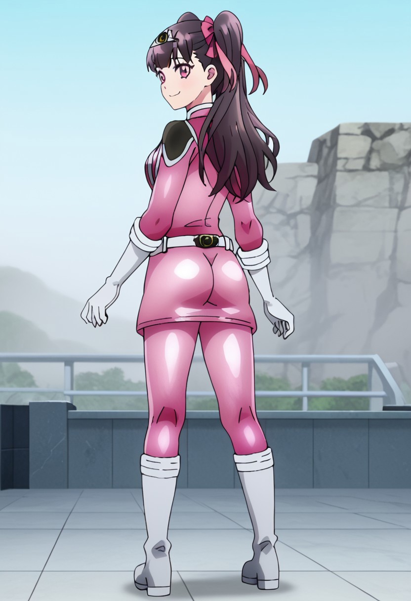 masterpiece, best quality, <lora:haru_arisugawa:0.7> haru_arisugawa, 1girl, pink gelato, solo, pink eyes, black hair, long hair, twintails, hair ribbon, smile, looking at viewer, bodysuit, pink bodysuit, multicolored bodysuit, pink skirt, white boots, white gloves, belt, pink sleeves, standing, full body, butt, from behind, rear view, looking at viewer