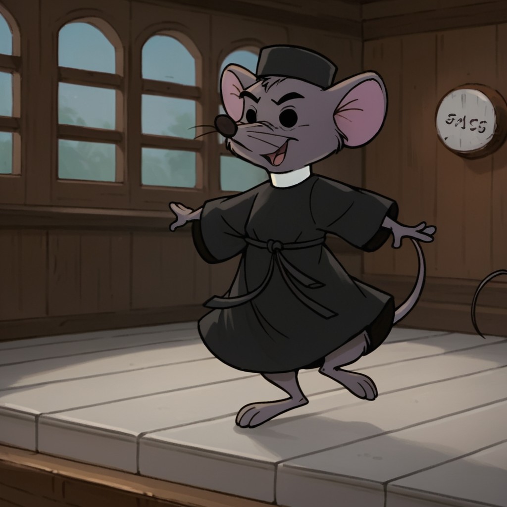 score_9, score_8_up, score_7_up, score_6_up, score_5_up, score_4_up, source_furry, sextonRH, semi-anthro, male, mouse, grey fur, black robe, white collar, black hat, dancing,  inside, black eyes, <lora:71ae0323-8da6-41d1-b136-3bc6526746ad:0.7>