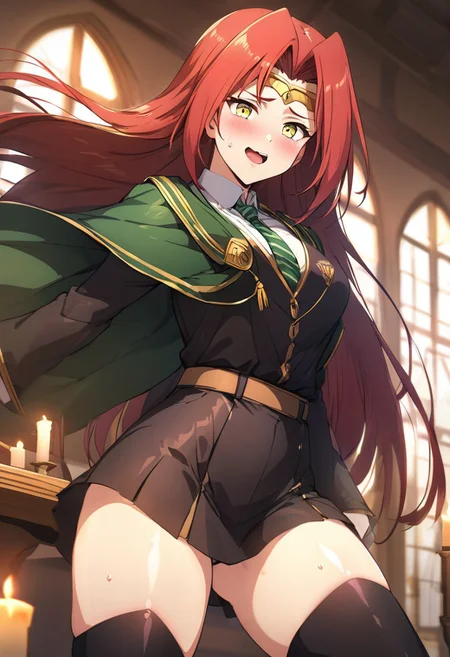(best quality) , (highly detailed) , (best quality) , (highly detailed) ,((masterpiece)), ((best quality)), (ultra-detailed), ((extremely detailed)), (high resolution), 4K, (8K), best quality, (beautiful), (dynamic lighting), (super detailed skin), sharp focus, 1girl
<lora:fana_v1:1>,fana,circlet,red hair,yellow eyes, smiling, long hair
<lora:Fixhands_anime_bdsqlsz_V1:1>,
BREAK
wide sleeves, striped necktie, thighhighs, sweater, skirt, robe, hazy, wind, table, window, candle, aisle, great hall, hogwarts school uniform, 1girl, sweat, scared, shy, blush, slim figure, <lora:girllikeslytherin:0.8>  (((lustrous skin:1.5,bright skin: 1.5,skin,shiny skin,very shiny skin,shiny body,plastic glitter skin,exaggerated shiny skin,illuminated skin))),(detailed body,(detailed face)), Face Focus, Upper Body