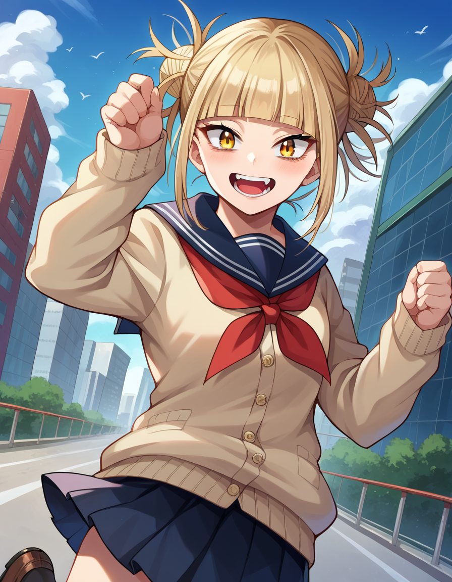 score_9, score_8_up, score_7_up, source_anime,
himikotoga, <lora:himiko-toga-ponyxl-lora-nochekaiser:1>,
himiko toga, bangs, blonde hair, yellow eyes, blunt bangs, hair bun, double bun, messy hair, smile, open mouth,
skirt, long sleeves, school uniform, pleated skirt, shoes, serafuku, socks, sailor collar, blue skirt, neckerchief, kneehighs, brown footwear, cardigan, black socks, loafers, red neckerchief, yellow cardigan,
outdoors, cityscape,
looking at viewer, cowboy shot, dutch angle, dynamic pose,