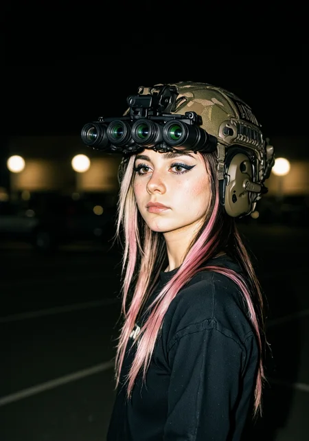 Candid amateur photograph with slightly overexposed flash of A young woman in a parking lot at night wearing on her head n0ds quad-tube panoramic optical device four horizontally aligned cylindrical green lenses attached to the front of the multicam helmet with integrated hearing protection She has a distinctive 2000s scene/emo haircut: thick, sharply angled bangs sweeping across one eye, with layers cascading past her shoulders and long sidelocks resting in front of them. Her hair is blonde with pink highlights. Her eyes are framed by dramatic black winged eyeliner.<lora:n0ds_epoch_23.safetensors:1.0:1.0> <lora:2000s_Scene_Emo_Hair.safetensors:1.0:1.0>