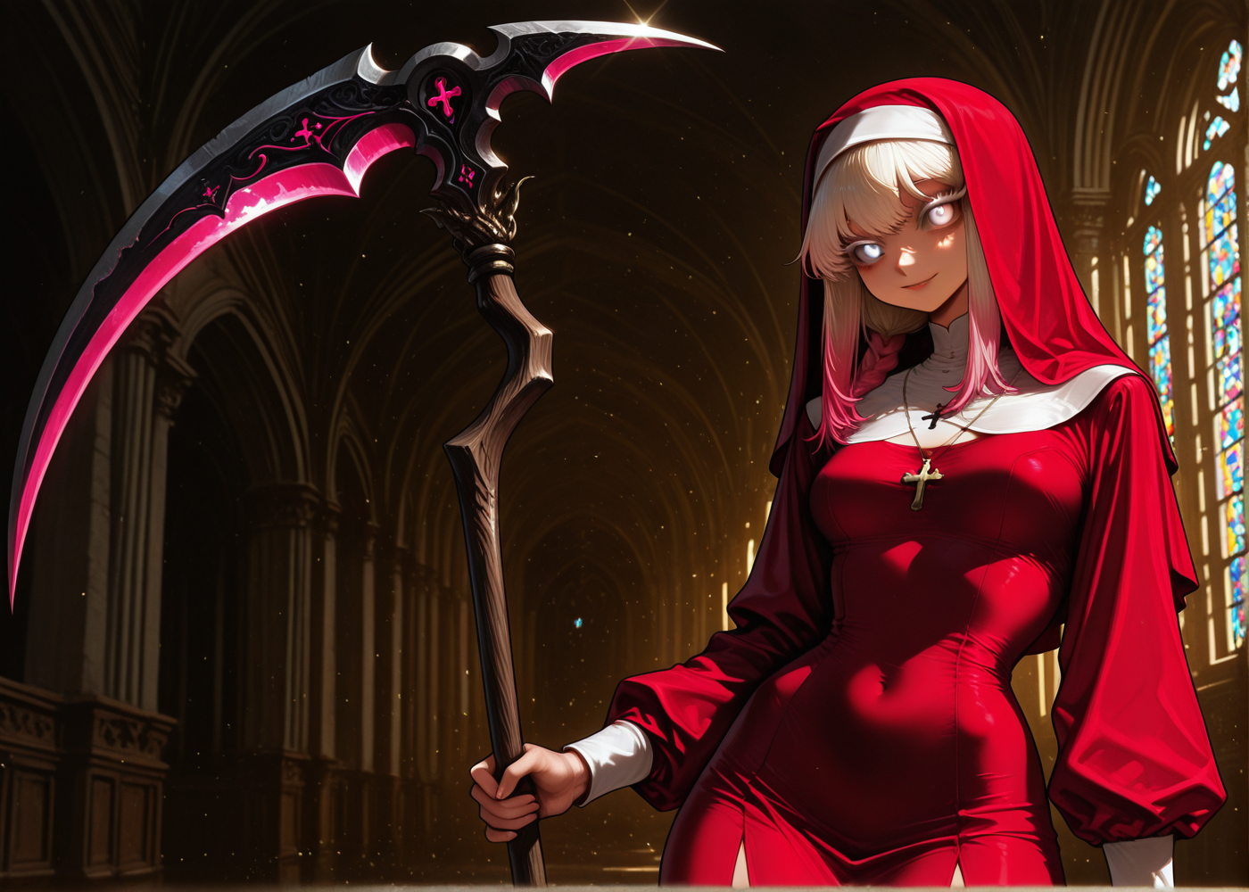 1girl, solo, Pink gradient hair, red nun outfit, twin pigtails, sunlight, chapel, smile, holding reaper scythe, single weapon, enchanted, white eyes, fitted dress, short dress,  fitted skirt <lora:ScytheIL:0.5>, (detailed eyes:1.2), (sharp eyelashes:1.1), lower lashes,  big eyes, vibrant iris texture, best proportions, good quality, newest, highres, very aesthetic, absurdres, Masterpiece, High Quality, Good Quality, Latest Model, High Resolution, Absurd, Cinematic Lighting, High Contrast (Edge Light: 0.4), Dynamic Vision, <lora:illustriousXL_stabilizer_v1.23:0.3> , <lora:NOOB_vp1_detailer_by_volnovik_v1:0.4>, Vibrant Colors, Bright Color, Dynamic Colors, Colorful Image, High Contrast, Saturated Colors, Thick Line, Bright Colors, Good Lighting, Color Saturation, Masterpiece, Best Quality,
Bright eyes, detailed iris, big eyes, ultra-detailed, oval face, triangular jaw, long eyelashes, upturned nose, young, <lora:Ramwam_Style:0.8>