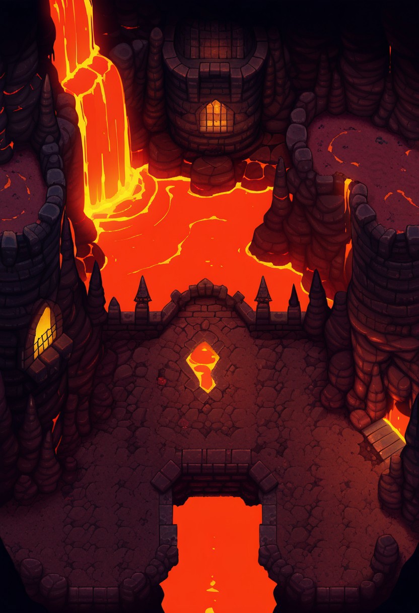 AMAZING QUALITY, MASTERPIECE, PARADOX PARALLAX, SCENERY, FROM ABOVE, VOLCANO, MOLTEN, LAVA, CASTLE,
