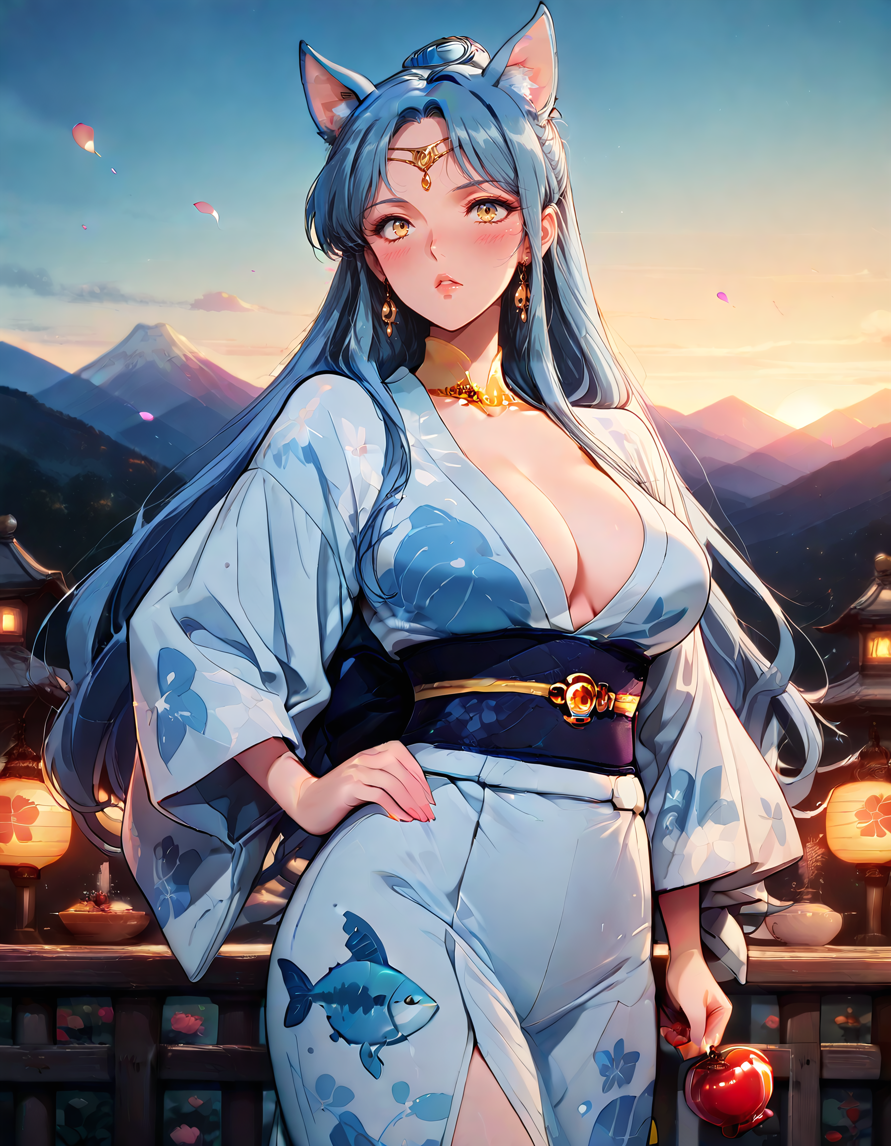 Smooth Quality <lora:ophelia_IL:1> ophelia, long hair, blue hair, single hair bun, mature female, circlet, yellow eyes, large breasts, jewelry, sidelocks, earrings, completeley nude, 1girl, blush, candy_apple, extra_ears, fish_print, flower, food, hand_on_own_hip, holding, holding_food, looking_at_viewer, obi, obijime, open_mouth, outdoors, solo, summer_festival, twilight, yukata, mountainside_temple, petals_blown_across_steps, incense_smoke_rising, clear_sky, spiritual_tension, soft_serenity, <lora:PinkieRetroAnimeIL:1> pinkretroanime, retro art, detailed eyes, detailed face, detailed skin <lora:DetailedEyes_V3:1> <lora:cfg_scale_boost:0.7> <lora:Crazy_Btch_-_Psychopath_expression:1> psych0path <lora:ponyv6_noobE11_2_adamW:0.7>