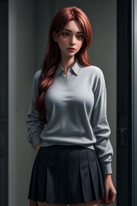 A young girl with red hair. She was wearing a school uniform: a gray sweatshirt, a blue skirt and a maroon-and-yellow striped tie.