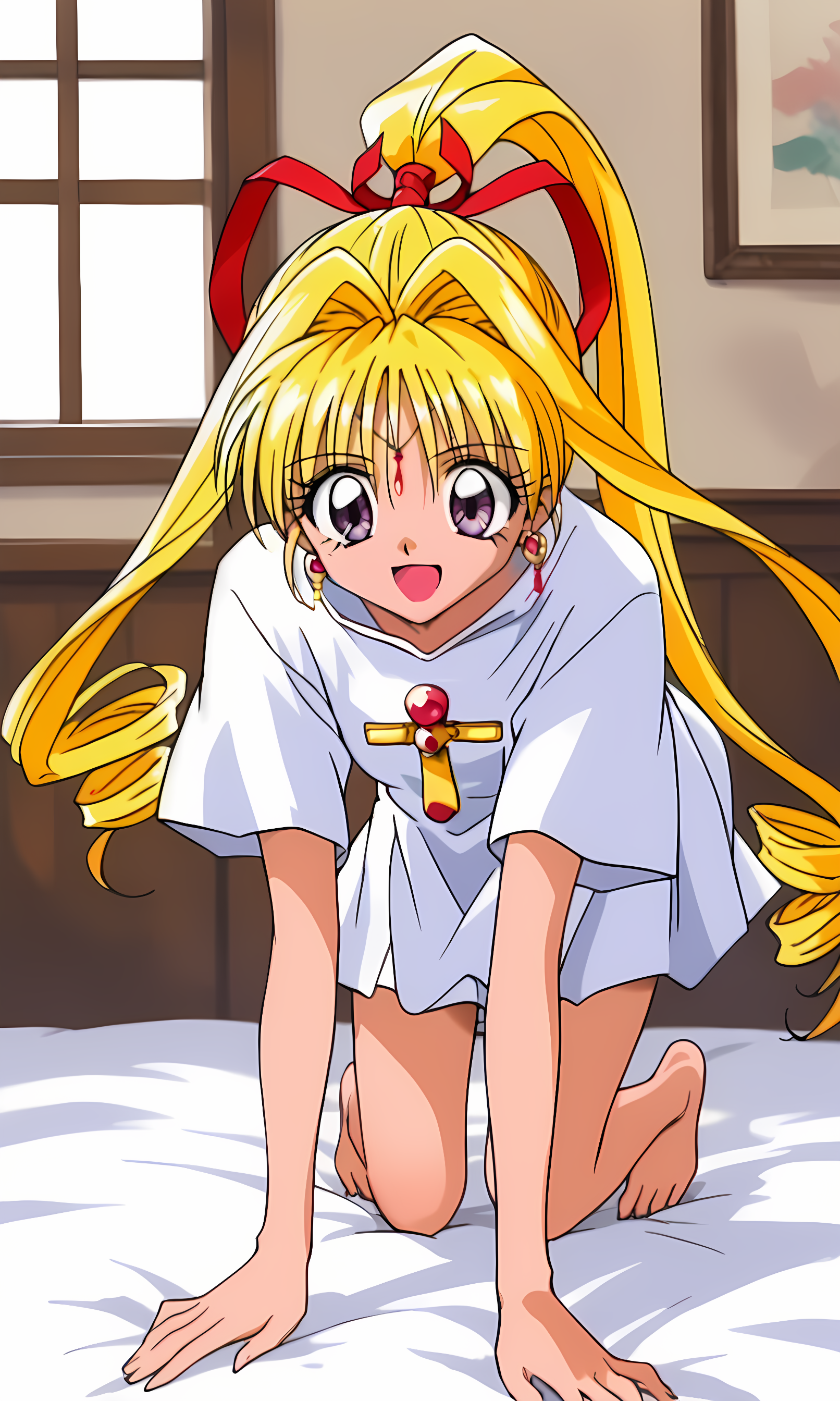 8k, best quality, solo, cute, score_9, score_8_up, score_7_up, 90s anime, masterpiece, source_anime, KKJs2, artist A style, purple eyes, forehead jewelry, blonde hair, very long hair, hair intakes with drill long sidelocks, one high drill ponytail at the back, white hair ribbon, earrings, (plain white outfit:1.3), (folded standing collar:1.2), white collar, (no shoulder decorations, no red ribbon decorations on shoulders:1.3), Loose waist, no red and yellow sash, no red rope with tassels, no large yellow bow, white side slit and long shirt tail, white short sleeves, no red accents on white short sleeves, no short red inner sleeves, cross ornament on chest, bare hands, white layered miniskirt, bare legs,  bare foot, on the bed, all fours, crawling, paw pose, smile, open mouth