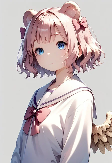 score_9, score_8_up, score_7_up, 1girl, (masterpiece), (best quality), (ultra detailed),(disheveled hair),(illustration), skistyle, solo, pink hair, animal ears, blue eyes, wings, looking at viewer, mole, bangs, short hair, bow, sailor collar, simple background, white sailor collar, mole under mouth, hair bow, pink bow, closed mouth, shirt, white shirt, bear ears, bob cut, mini wings, grey background, portrait, detached wings, makeup, upper body, white background