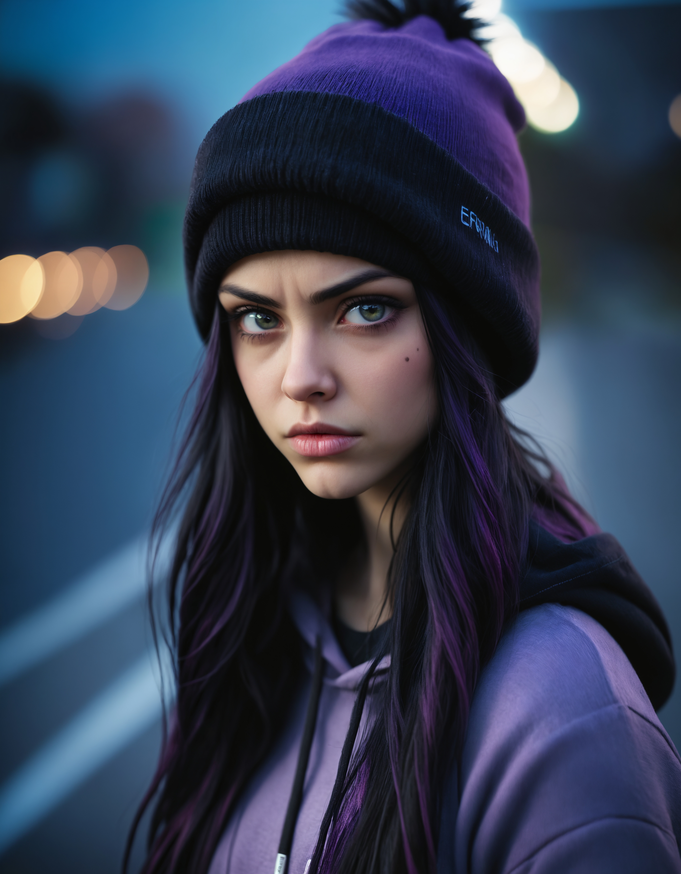 cinematic screencap, great lighting, a hyper realistic young woman with long tousled black and purple hair, facial expression, (pouting:1.3), purple highlights in hair, wearing a black winter beanie, purple hoodie, green eyes lined in black, long lashes, bokeh background,