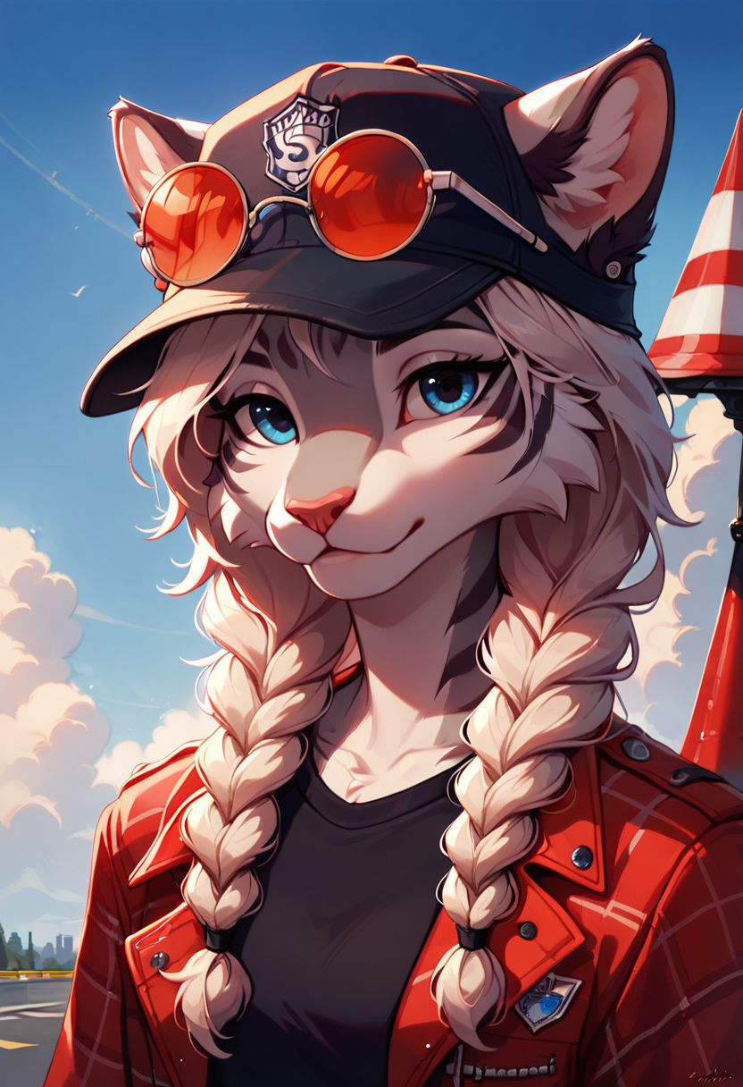 score_9, score_8_up, score_8, Gray tiger, female, two braids in front of shoulder ,open hair on back, Gray Fur, ((body fur)) , blue eyes, furry boy, wearing black sweater, red flannel, cinematic style, 8k resolution, digital painting, solo, portrait, blue sky and clouds as background, flat color, round glasses with red glass, red shades over eyes, traffic cone on head, wearing traffic cone as a hat, looking at viewer
