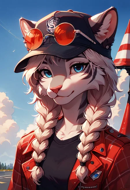 score_9, score_8_up, score_8, Gray tiger, female, two braids in front of shoulder ,open hair on back, Gray Fur, ((body fur)) , blue eyes, furry boy, wearing black sweater, red flannel, cinematic style, 8k resolution, digital painting, solo, portrait, blue sky and clouds as background, flat color, round glasses with red glass, red shades over eyes, traffic cone on head, wearing traffic cone as a hat, looking at viewer
