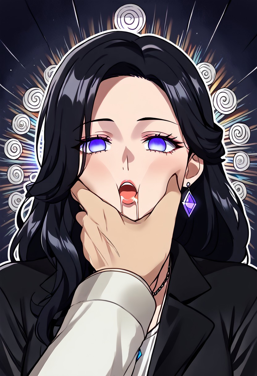 Yennefer hypnotized by jewelry,
score_9, source anime, lewd, 1girl, smooth,
mind control, hypnotized, (empty_eyes), no pupils, glowing earrings, mind control earrings, glowing necklace, mind control necklace, spiral shaped earrings,
facegrab, drooling, pov hand, dungeon background,
yennefer of vengerberg, black hair, long hair, purple eyes