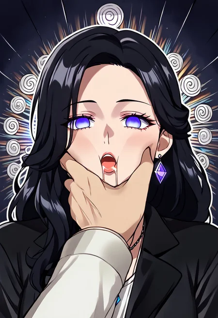 Yennefer hypnotized by jewelry,
score_9, source anime, lewd, 1girl, smooth,
mind control, hypnotized, (empty_eyes), no pupils, glowing earrings, mind control earrings, glowing necklace, mind control necklace, spiral shaped earrings,
facegrab, drooling, pov hand, dungeon background,
yennefer of vengerberg, black hair, long hair, purple eyes