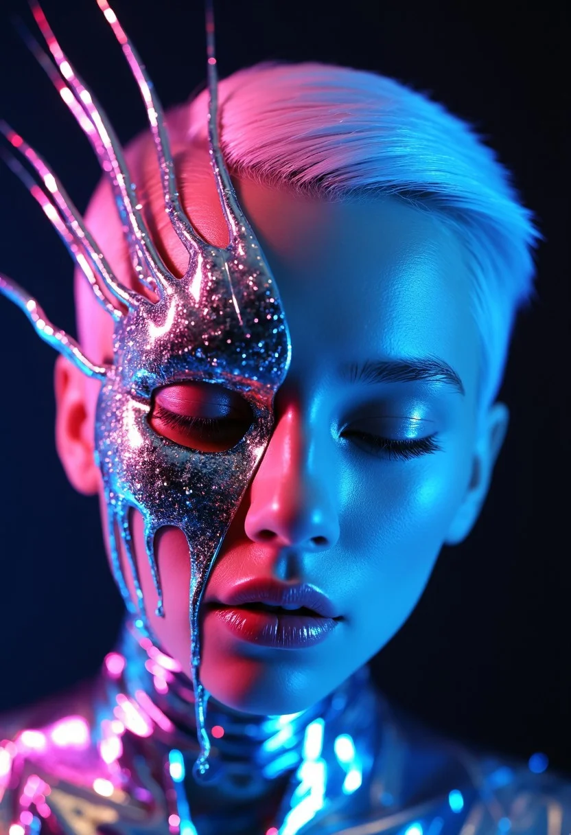 A hyper-realistic, face close-up portrait of a woman with striking, very short white hair, side-trimmed and expertly side-faded, facing the viewer with an expression that conveys both strength and mystery. Her eyes are partially closed, exuding a futuristic, serene presence. The left side of her face is adorned with an intricately detailed chrome mold, seamlessly integrated into her skin, partially covering her left eye. The chrome mold, designed with over 10,000 razor-thin chrome lines, extends outward in straight, rigid formations, resembling molten cheese strands but with a sleek, metallic finish. The chrome has a high-polished, reflective surface that catches and refracts an ethereal, neon-blue and magenta glow, adding a surreal touch. Sparkles embedded within the mold enhance its futuristic, otherworldly essence. Some sections of the chrome are semi-solid, with metallic drips that flow down her face in fluid dynamic patterns, suggesting a seamless merge between technology and organic form. Subtle holographic projections trace the edges of the chrome, emitting faint, pulsating neon symbols and geometric shapes that flicker and shift, adding layers of surrealism. The top of her head is in frame, showcasing the intricate chrome details, while the body remains out of frame, keeping focus on the striking, surreal facial composition that blends technology with artistic surrealism.