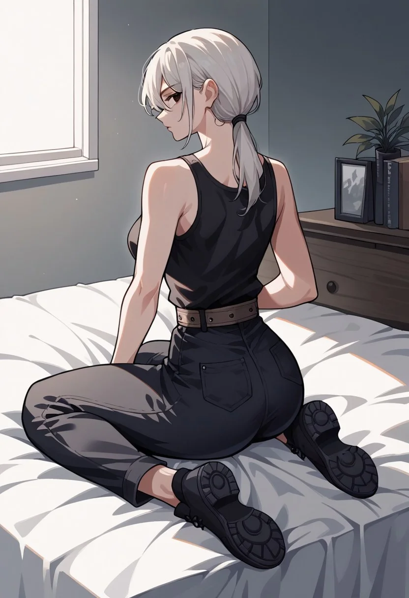 score_9_up, score_8_up, score_7_up, score_6_up, score_5_up, score_4, source_anime, 1girl, white hair, ponytail, long hair, black eyes, black tank top, sleeveless, bare shoulders, brown belt, black pants, high-waist pants, black shoes,
solo, bedroom, sit, sitting, kneeling, in bed, medium breasts, medium butt, hips, thighs, thick thighs, back, full body, looking at the viewer, arched back