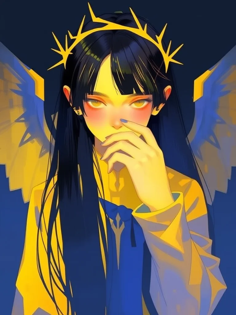 The image is a digital illustration of a young girl with long black hair and yellow eyes. She is wearing a yellow and black outfit with a crown of thorns on her head. Her wings are spread out behind her, and she is holding her hand up to her face, as if she is deep in thought. The background is dark and moody, with a hint of yellow and orange. The overall mood of the image is mysterious and eerie, in a vibrant and high satuate color tone, high contrast
