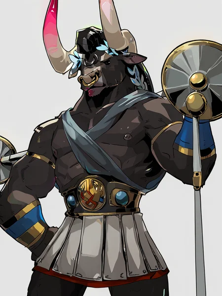 score_9, score_8_up, score_7_up, volumetric lighting, , asterius, a drawing of a man with a hat and a sword, stomach, muscular male, furry male, nipple piercing, <lora:hades_pony_v2-1:0.95>