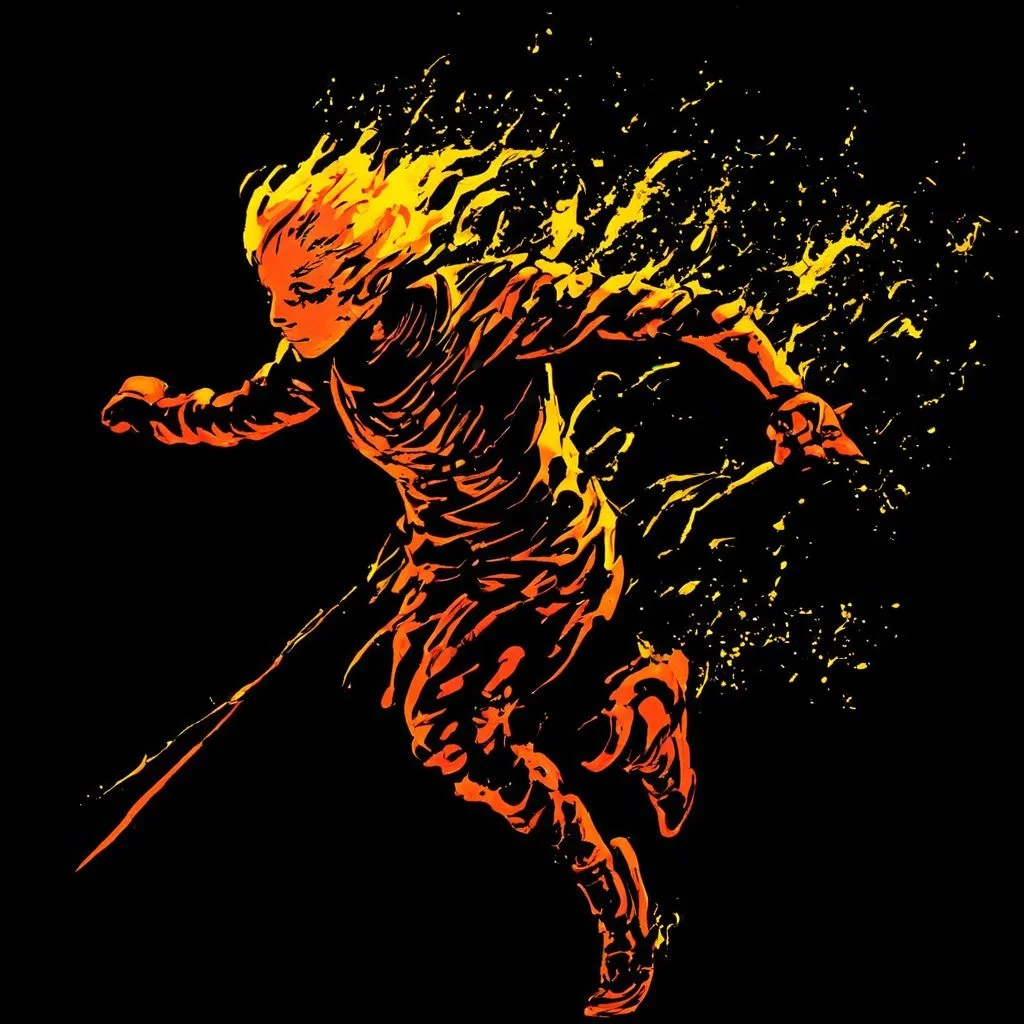 wizardry, illustration, Female, Fencer, Elf, humanoid, silhouette, orange, yellow, red, fire, black background, gradient