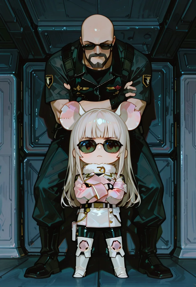 masterpiece, best quality, ultra high res, photorealistic, 8K UHD, hyper-detailed, 
BREAK
1girl, 1boy, full body, standing together, facing viewer, arms crossed, legs apart, confident pose, 
(((1boy:1.2), Aiguille Delaz, (adult male:1.5), white general's uniform, short gray hair, wearing sunglasses, stern expression, bald,facial hair)), 
BREAK
(chibi girl:1.4), light black hair, medium-length hair, blunt bangs, flowing hair, light pink flared sleeves, light pink cropped flight jacket, white base with black pattern tight combat suit, white fur collar, unzipped, patchwork style, high collar, fingerless gloves, wrist guards, functional belt, hip accessory, safety harness buckle, oversized rat ears, 
BREAK
military base, dramatic lighting, sharp shadows, anime style, 
BREAK
BREAK
<lora:USNR_STYLE_ILL_V1_lokr3:0.8>, <lora:748cmSDXL:0.4>, <lora:FINALE:0.2>, <lora:Train4:0.4>, <lora:DetailedEyes_V3:1>, <lora:IL_Aiguille_Delaz:1>,