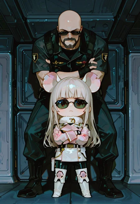 masterpiece, best quality, ultra high res, photorealistic, 8K UHD, hyper-detailed,
BREAK
1girl, 1boy, full body, standing together, facing viewer, arms crossed, legs apart, confident pose,
(((1boy:1.2), Aiguille Delaz, (adult male:1.5), white general's uniform, short gray hair, wearing sunglasses, stern expression, bald,facial hair)),
BREAK
(chibi girl:1.4), light black hair, medium-length hair, blunt bangs, flowing hair, light pink flared sleeves, light pink cropped flight jacket, white base with black pattern tight combat suit, white fur collar, unzipped, patchwork style, high collar, fingerless gloves, wrist guards, functional belt, hip accessory, safety harness buckle, oversized rat ears,
BREAK
military base, dramatic lighting, sharp shadows, anime style,
BREAK
BREAK
<lora:USNR_STYLE_ILL_V1_lokr3:0.8>, <lora:748cmSDXL:0.4>, <lora:FINALE:0.2>, <lora:Train4:0.4>, <lora:DetailedEyes_V3:1>, <lora:IL_Aiguille_Delaz:1>,
