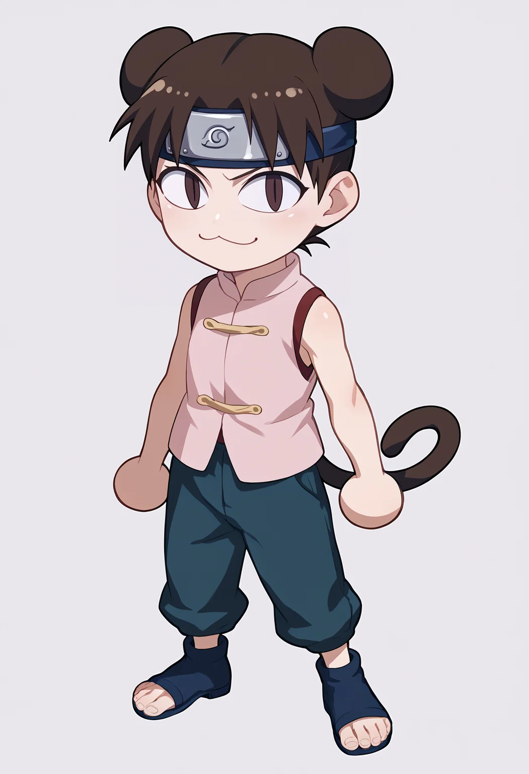 score_9, score_8_up, score_7_up, BREAK,
1girl, necoarc, cat ears,
ytenten, brown eyes, brown hair, short hair, double bun, forehead protector,
konohagakure symbol, bare shoulders, sleeveless shirt, pants, toeless shoes,
chibi, slit pupils, solo, full body, white background <lora:necoarc-guy-PONY-v1:1.2> <lora:TentenGeninXL:0.8>