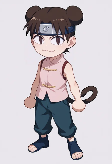 score_9, score_8_up, score_7_up, BREAK,
1girl, necoarc, cat ears,
ytenten, brown eyes, brown hair, short hair, double bun, forehead protector,
konohagakure symbol, bare shoulders, sleeveless shirt, pants, toeless shoes,
chibi, slit pupils, solo, full body, white background <lora:necoarc-guy-PONY-v1:1.2> <lora:TentenGeninXL:0.8>