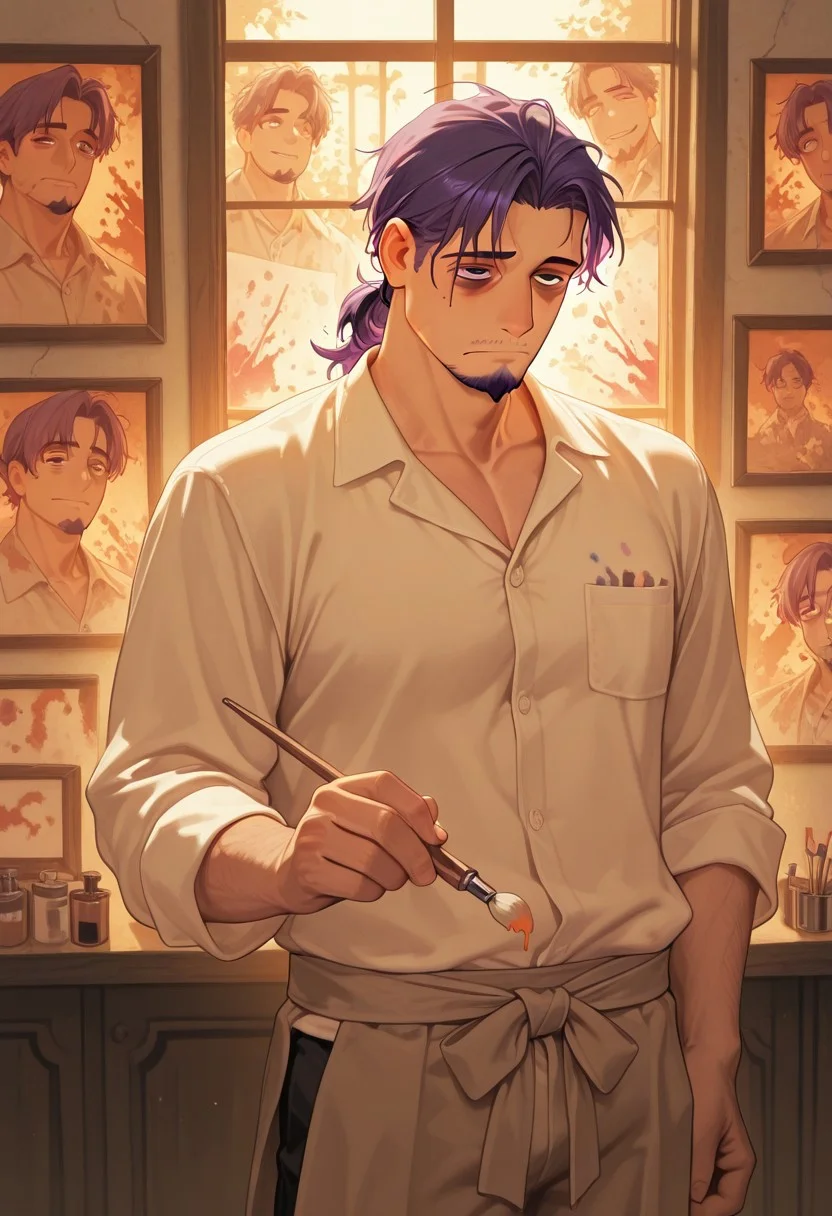 1boy, mbti_intp, mature man, purple eyes, droopy eyes, eye bags, tied hair, goatee, holding a paintbrush, standing in a sunlit atelier, surrounded by canvases, wearing a paint-splattered linen shirt, thoughtful expression, soft window light, warm color palette, artistic details, charmingly disheveled