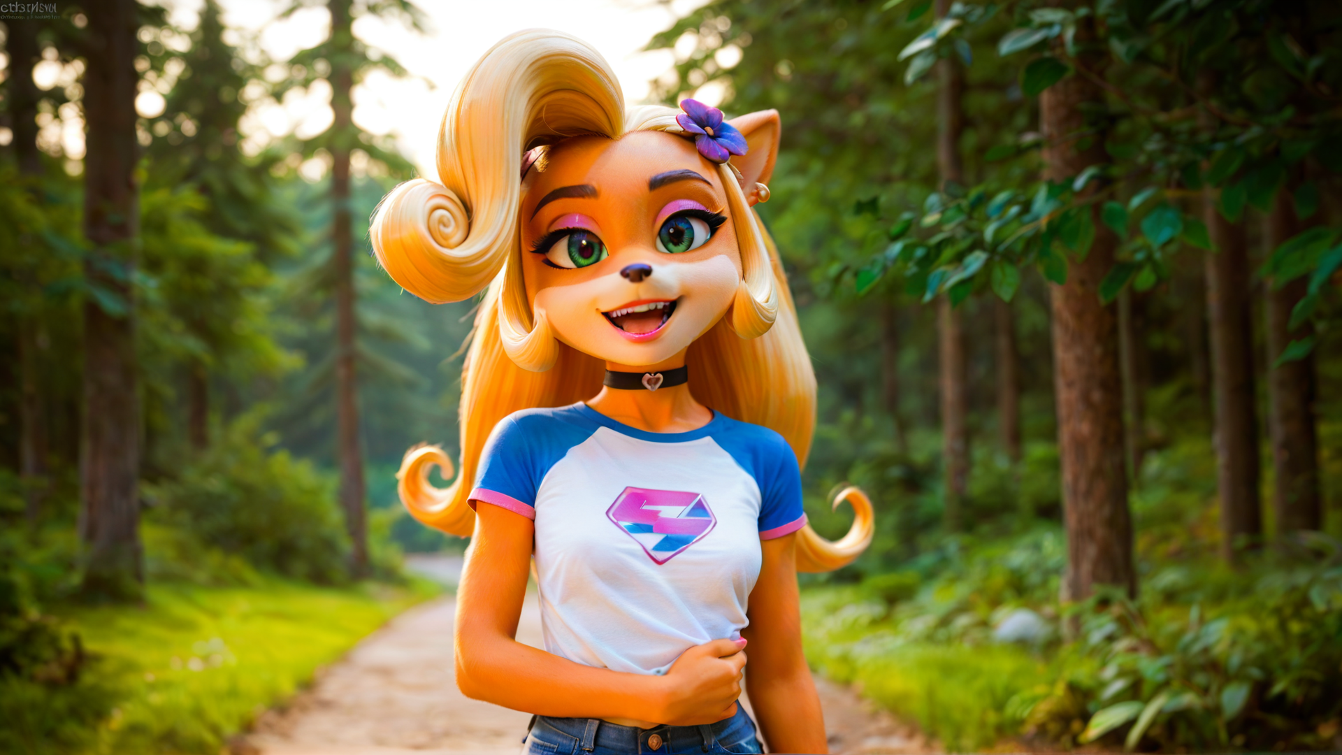 score_4,score_5,score_6,score_7_up,score_8_up,score_9 BREAK source_furry,1girl,solo,jewelry,earrings,long hair,breasts,choker,medium breasts,:d,outdoors,smile,open mouth,forest,high quality,bokeh,coco bandicoot,t-shirt,pants,