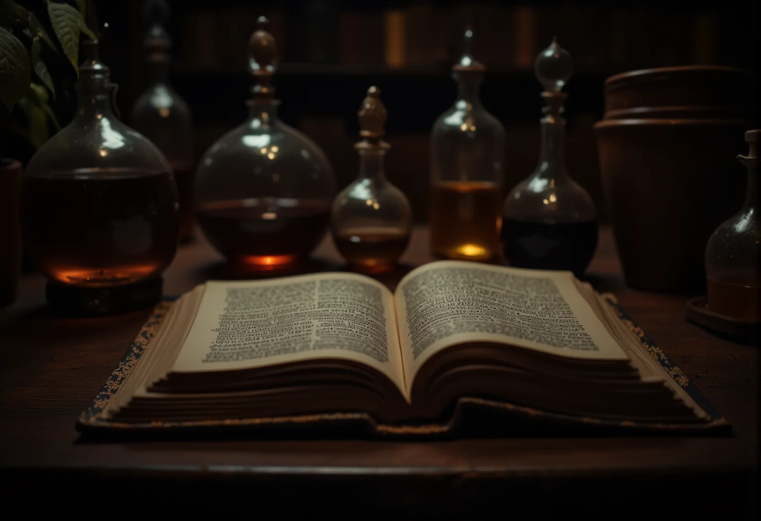 A small study with an open book glowing faintly, surrounded by glass jars filled with mysterious liquids. bv-daraca<lora:bv-dark-academia-v1.safetensors:1.0:1.0>