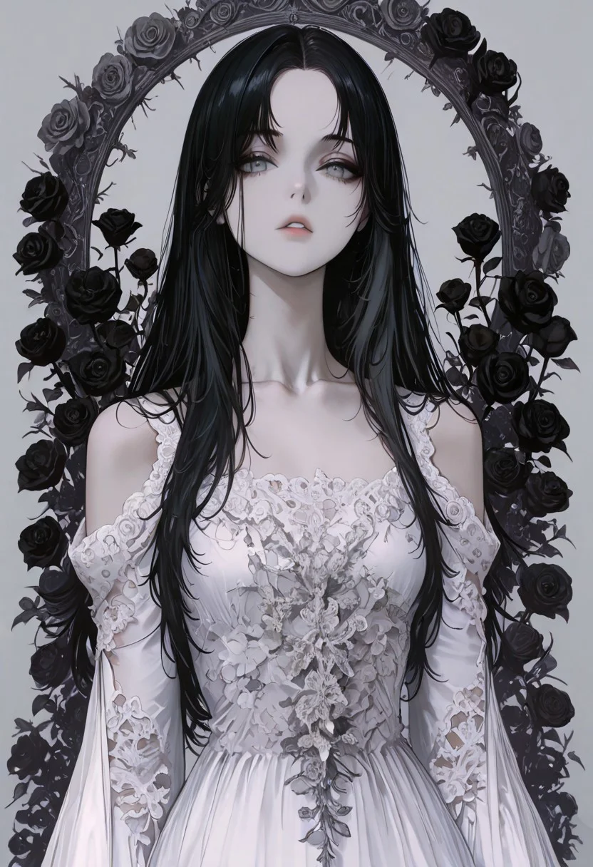 masterpiece, best quality, good quality, very awa, newest, highres, absurdres, 1girl, solo, long hair, looking at viewer, black hair, dress, collarbone, upper body, flower, parted lips, grey background, white dress, parted bangs, grey eyes, expressionless, rose, black flower, black roses, Shoulder cutout, detached sleeves, limited palette,