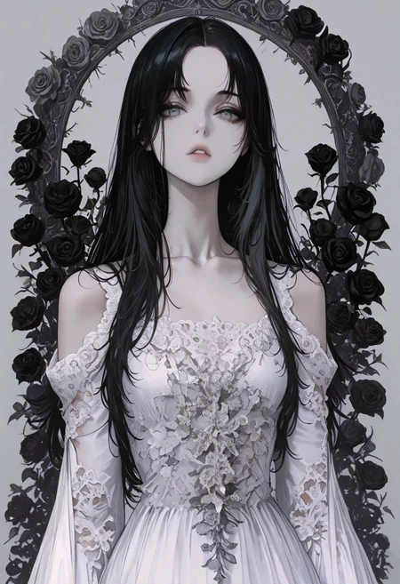 masterpiece, best quality, good quality, very awa, newest, highres, absurdres, 1girl, solo, long hair, looking at viewer, black hair, dress, collarbone, upper body, flower, parted lips, grey background, white dress, parted bangs, grey eyes, expressionless, rose, black flower, black roses, Shoulder cutout, detached sleeves, limited palette,