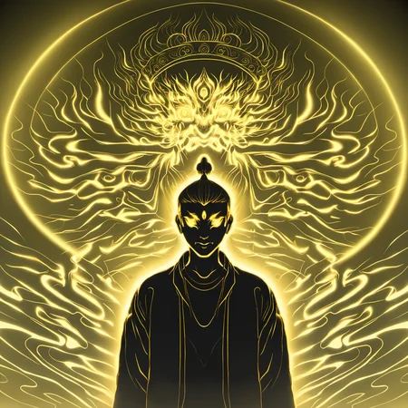 a man standing in front of a projection of immortal,halo,<lora:eastern_mythology_xl:0.7>,golden line,tangka,