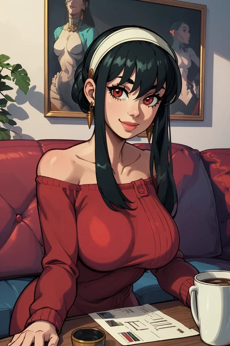 1girl, (solo:1.2), curvy, (happy:1.2), (closed mouth:1.2), (cute:1.4), (close-up:1.4), (masterpiece:1.3), (best quality:1.3), (perfect anatomy:1.4), highly detailed, <lora:Yor Briar [h_madoka - v1.0]:0.8> bbyorf, short hair with long locks, white hairband, red eyes, gold earrings, large breasts, jewelry, off shoulder, red sweater, sweater dress, long sleeves, black pantyhose, <lora:Rizdraws [MockAi - v2.0]:0.8> rizdraws, thick lineart, (film grain:1.2), (semi-traditional artstyle:1.3), (living room scenery:1.4), inside, (comfy sofa:1.3)