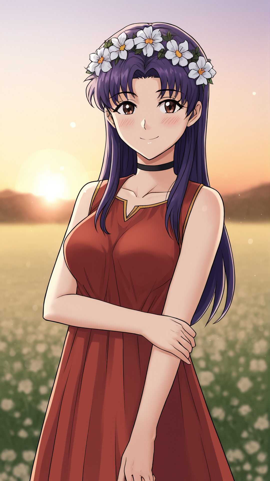 <lora:Everlasting_Summer_Vanilla_Art_Style_by_GraffMetal:0.7>, everlastingsummervanillaartstylebygraffmetal
1girl, solo, evangelion, misato katsuragi, black choker, 
smile, blush,
black eyeliner cat eye,
outside, sunset, flower wreath at head, dress, cute, cozy, 
amazing background, flowers field, portrait, bokeh, close-up,