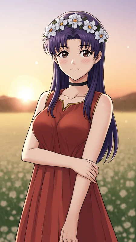 <lora:Everlasting_Summer_Vanilla_Art_Style_by_GraffMetal:0.7>, everlastingsummervanillaartstylebygraffmetal
1girl, solo, evangelion, misato katsuragi, black choker,
smile, blush,
black eyeliner cat eye,
outside, sunset, flower wreath at head, dress, cute, cozy,
amazing background, flowers field, portrait, bokeh, close-up,