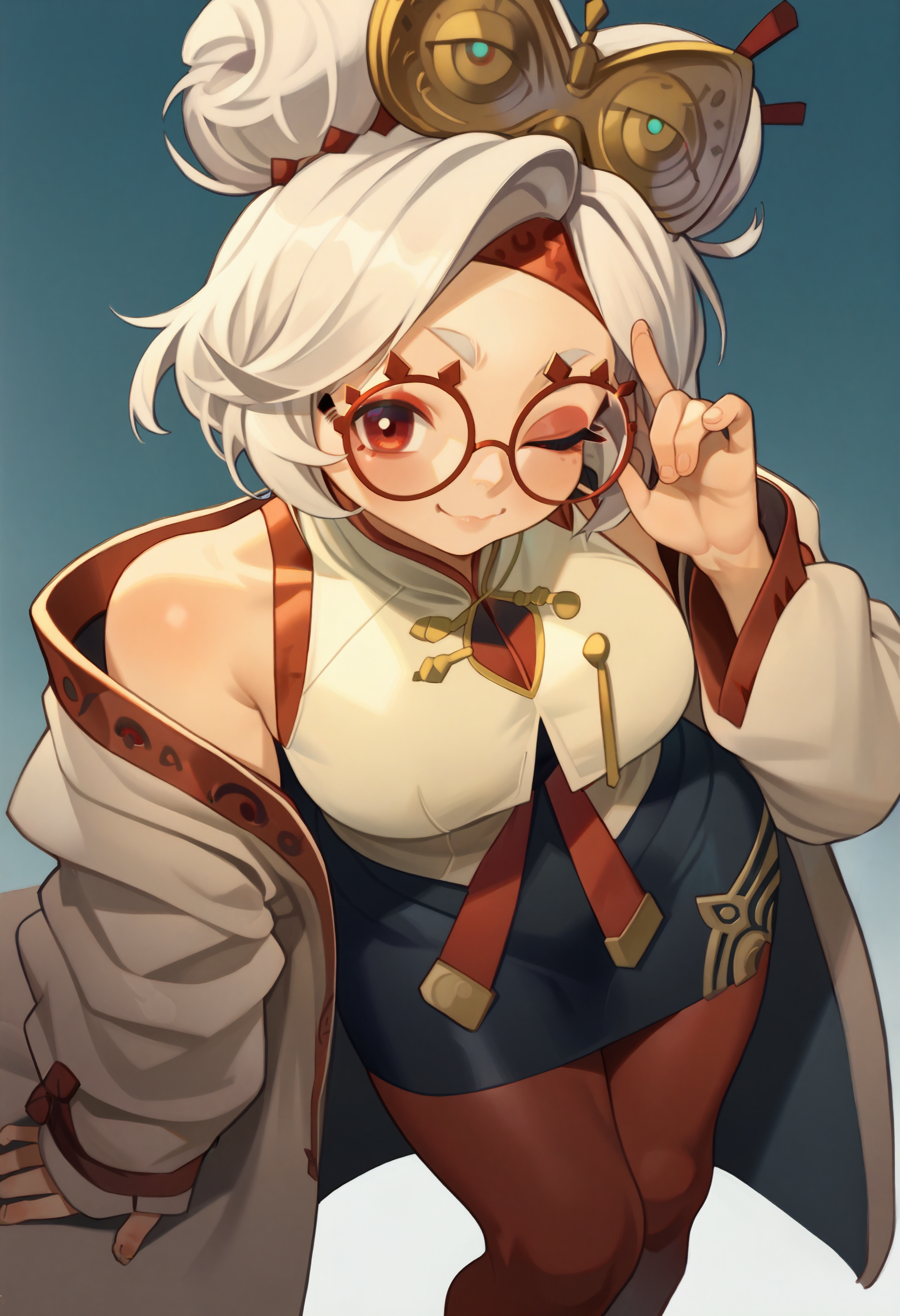 score_9, score_7_up BREAK 1girl,purah,white hair,red eyes,hair ornament, red headband, red glasses, sleeveless shirt, white coat, black skirt, red leggings,smug,closed mouth,from above,looking at viewer,one eye closed  <lora:purah-pdxl-nvwls-v1:0.8>   <lora:poch4n_pd:1>
