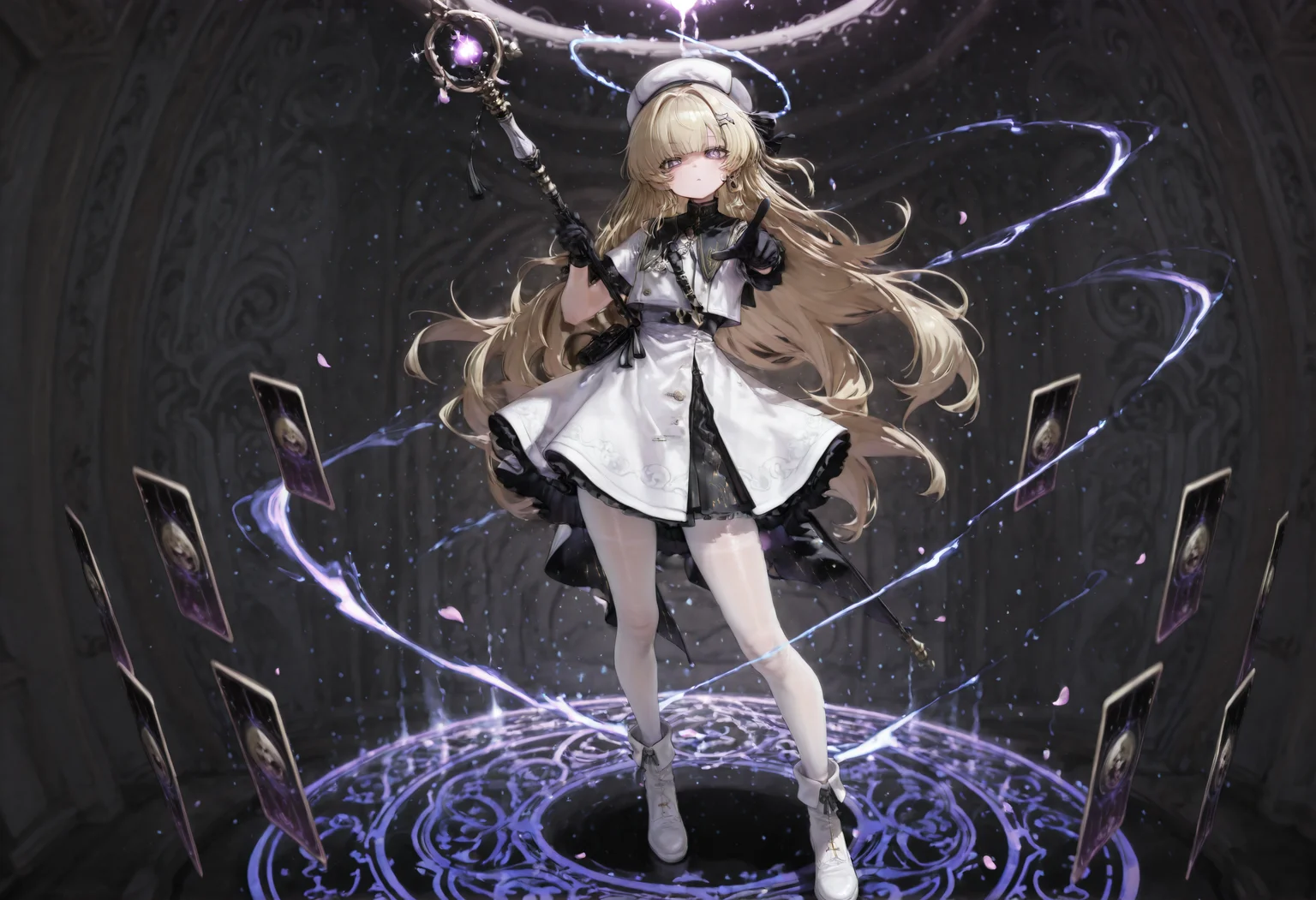 (nyalia:0.8), Yoneyama Mai, (asanagi:0.25), (omone hokoma agm:0.2),Phoebe \(Wuthering Waves\), 1girl, solo, very long hair, blonde hair, long hair, X-shaped hairpin, purple eyes, black gloves, white hat, white dress, jewelry, white pantyhose, see-through pantyhose, white footwear, standing, action pose, dynamic pose, holding staff, staff raised, pointing staff, pointing upward, looking at viewer, hair blowing, windblown hair, front view, sealing wand, clow card, card (object), floating object, magic, magic circle, magical energy, light particles, sparkles, glowing, glowing staff, glowing card, energy trail, light trail, wind, aura, petals,,masterpiece, best quality, newest, absurdres, highres, very awa, detail pupil, detail background <lora:None:1.0> <lora:绯è²äº¤åæ²feel-Artist_Style_Banpai_Akiraæ©æ¯ããã:0.5000000000000001> <lora:canvassolaris_style_LoRA_for-Illustrious:0.8000000000000002> <lora:æ¶å-ebonyxh_style_LoRA_for-Illustrious:0.30000000000000004> <lora:æ¬åºé·å¤ª-Honjou_Raita_Style-IllustriousXL:0.4000000000000001> <lora:éææ³°(åçµé£æ ¼lycoris)-Blade_&_Soul_Style-Illustrious:0.4000000000000001> <lora:ä»äººæ-Artist_Style_Saboten_Man__WorldSaboten__ãµããã³ãã³:0.5500000000000002> <lora:Wuthering_Waves_Phoebe丨鸣潮_è²æ¯-Illustrious:0.8000000000000002>