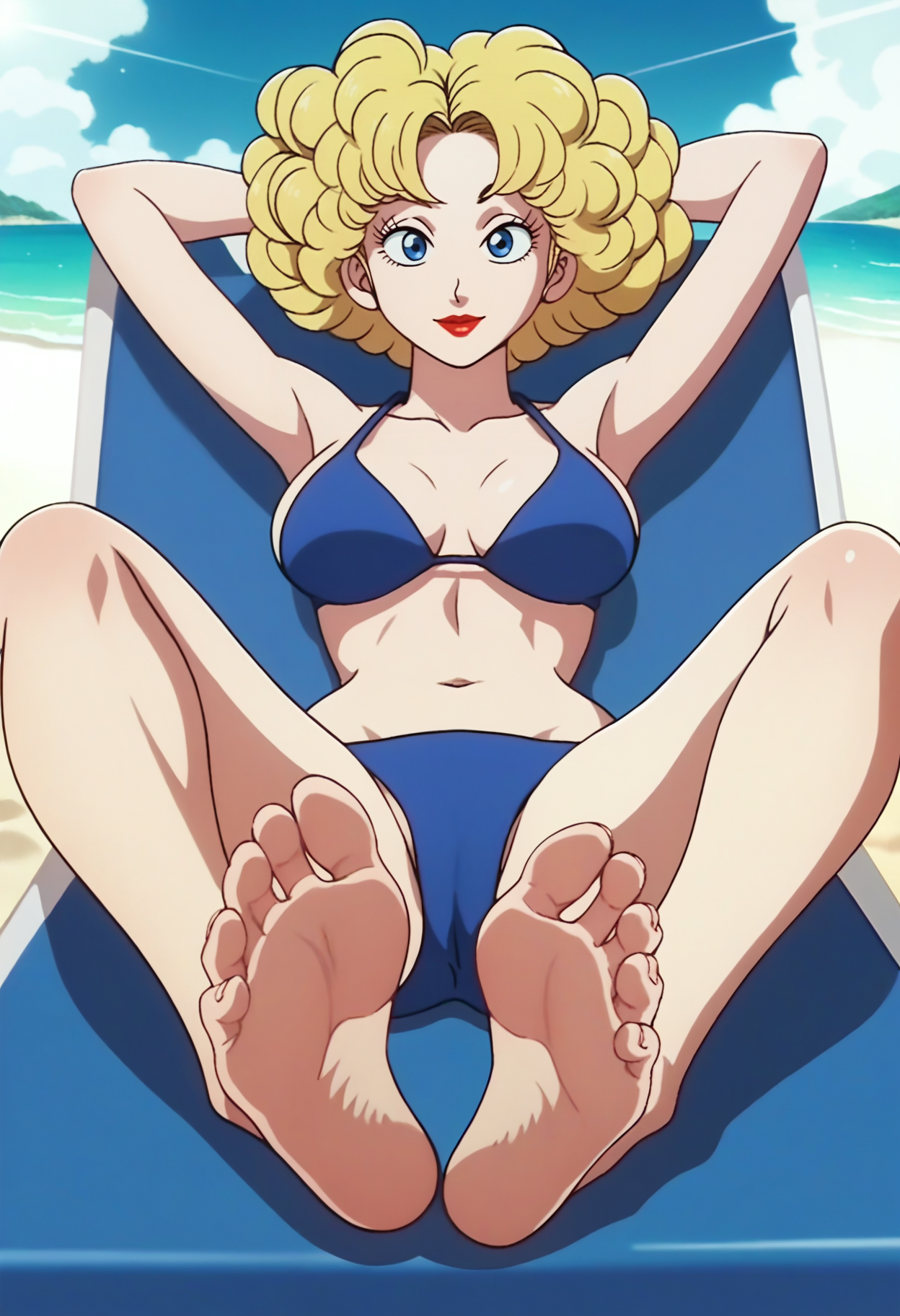 score_9, score_8_up, score_7_up, score_6_up, anime screencap, anime coloring, <lora:DBExtraGirl13:0.9>, DBExtraGirl13FFA, blonde hair, blue eyes, lipstick, curly hair, breasts,
blue bikini, arms behind head, 
lying, lounge chair, foot focus, soles, seductive smile, looking at viewer, 
BREAK beach, sunlight, day, sunbeam,