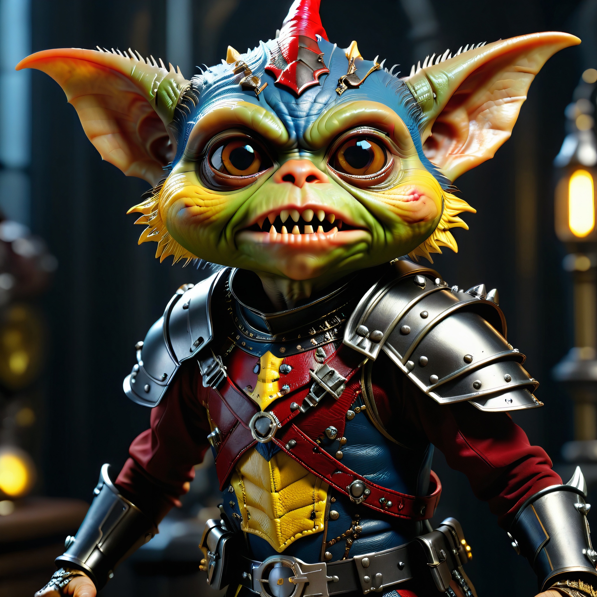 masterpiece, intricate photo of chritmas gremlin in knight armor, vampire clothing, cyberpunk style, steampunk style, gothic art, yellow red blue black dress, hyper realistic, highly detailed, sharp focus, best quality, 8K