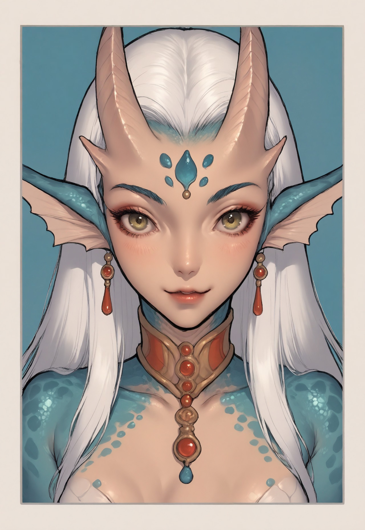 safe_pos, masterpiece, best quality, 32k, high resolution, absurdres, HD32k, masterpiece, extremely detailed, 1girl, perfectly composed, clear, scaled skin,dotted skin,fish skin,highres,1girl,xenogirl,monster girl,horns,(((white hair)),looking at viewer,jewelry,bust shot,portrait,border,beautiful face,(cute face) 