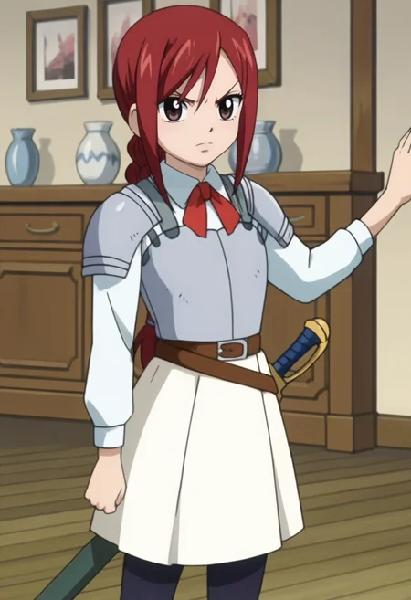 source_anime,anime screencap, anime coloring,intricate details,rating_safe, masterpiece, best quality,
(best quality, absurd res, ultra detailed),,(4 finger:0.5),1girl, ((solo)), good eyes,perfect eyes,,detailed eyes, zPDXLxxx , zPDXL3, OverallDetail,detailed, detailed face
BREAK
source_anime,anime screencap, anime coloring,intricate details,rating_explicit, masterpiece, best quality,
(best quality, absurd res, ultra detailed),,(4 finger:0.5),1girl, ((solo)), good eyes,perfect eyes,,detailed eyes, zPDXLxxx , zPDXL3, OverallDetail,detailed, detailed face
BREAK
solo,indoors,standing, front view,,
erza, red hair, braid, brown eyes, armor, belt, white skirt, blue pantyhose, sword, sheath,
angry, v-shaped eyebrows,
, <lora:add-detail-xl:5> <lora:erza:0.8>