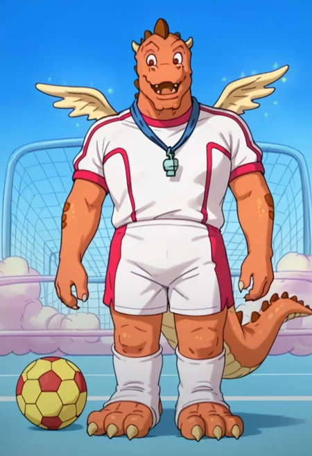 Score_9, score_9_up, solo, 1boy, furry, dragon, orange scales, tail, wings, brown spikes, fangs, small horns, white soccer shirt, white shorts, whistle, feet cuffs, big feet, standing, football field