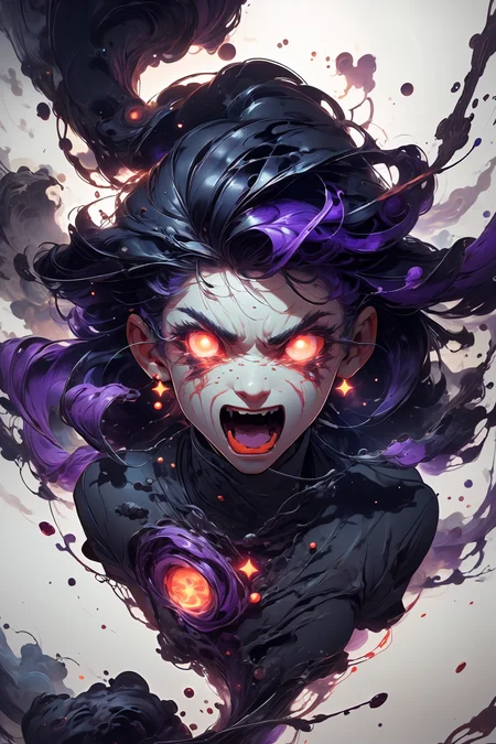 glowing eyes, glow, rage transformation, (red eyes:1.2), (rage:1.2), psycho, (madness:1.2), (angry:1.4), wide-open eyes, (blood:1.2), bloody face, open mouth, shout, (raging:1.2), (tears:1.2), 
masterpiece, abstract, fade out, dream, cosmic, 
very long hair, (purple hair:1.2), 
<lora:more_details:0.4>
 <lora:Cosmic anime-oil fusion v2:0.45> 
<lora:AnimeVibesV3:0.3> animevibes, 
<lora:3DMM_V11:0.5> 3DMM 
<lora:midjourney_20230624181825:0.45> midjourney ,
 <lora:LAS:0.2> cloud,colorful,
<lora:msw_locon-t2:0.6>
 <lora:wuxia2:0.5> gu,
 <lora:CelestialSkin2:0.6> dark celestialskin body, void cosmic body,, shiny, shiny hair, shiny skin, shiny clothes